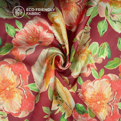 Cherry Red Floral Digital Print Georgette Satin Fabric
