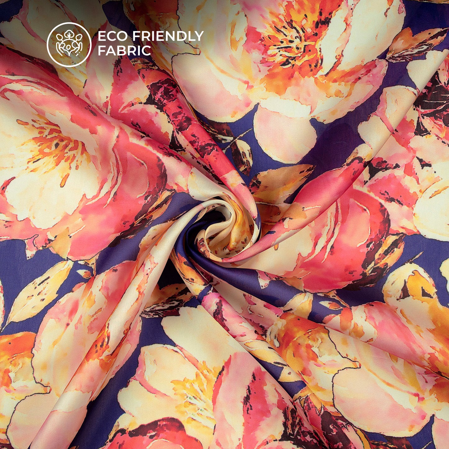Admiral Blue Floral Digital Print Georgette Satin Fabric