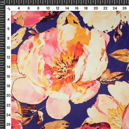 Admiral Blue Floral Digital Print Georgette Satin Fabric