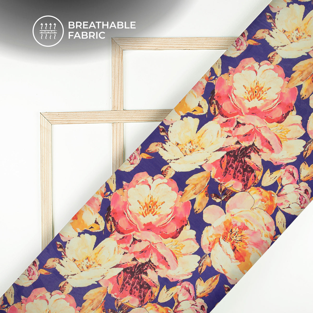 Admiral Blue Floral Digital Print Georgette Satin Fabric