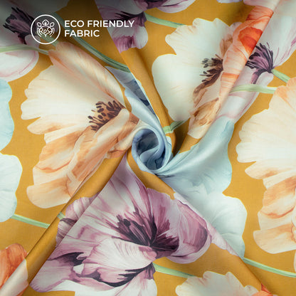 Golden Yellow Floral Digital Print Georgette Satin Fabric