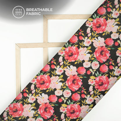 Ruby Red Floral Digital Print Georgette Satin Fabric