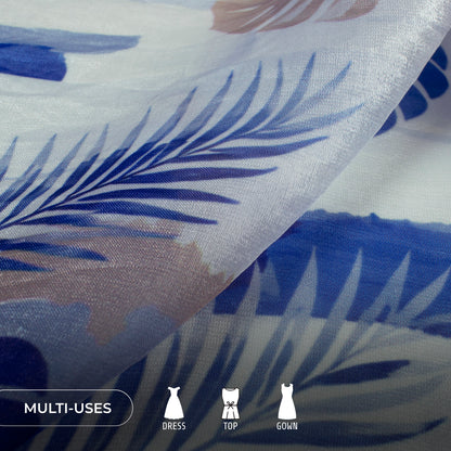 Midnight Blue Leaf Digital Print Shimmer Tissue Fabric