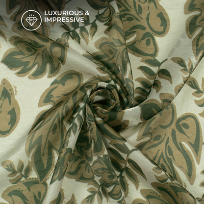 Dark Green Leaf Digital Print Shimmer Tissue Fabric