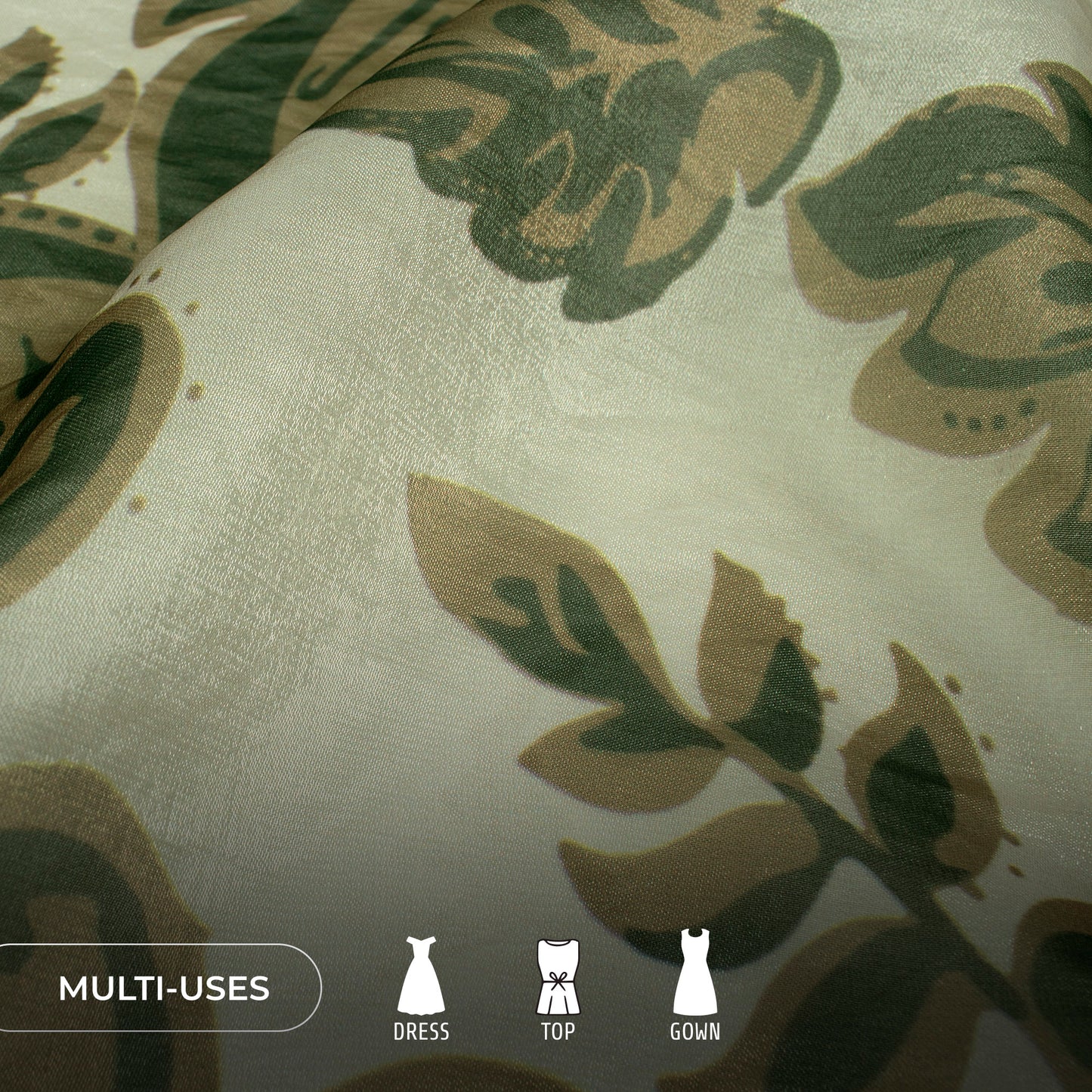 Dark Green Leaf Digital Print Shimmer Tissue Fabric