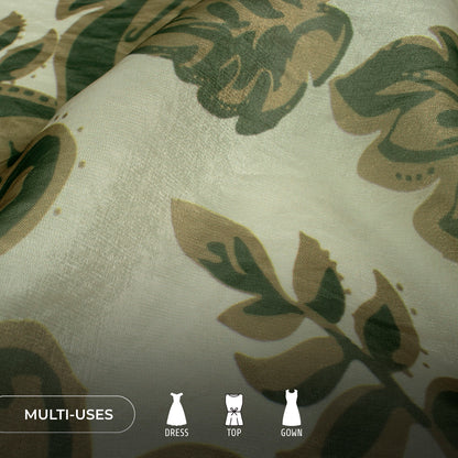 Dark Green Leaf Digital Print Shimmer Tissue Fabric