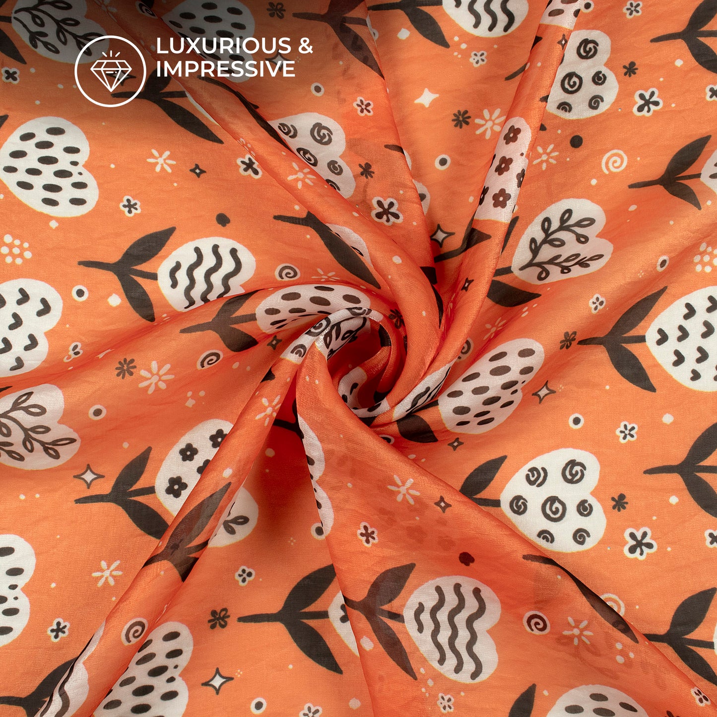 Permisson Orange Leaf Digital Print Shimmer Tissue Fabric