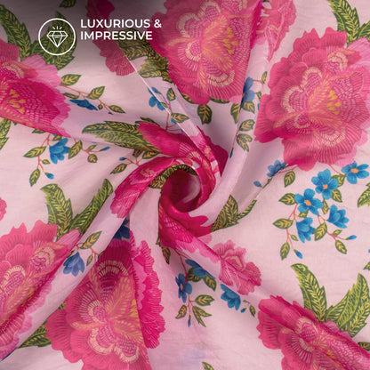 Baby Pink Floral Digital Print Shimmer Tissue Fabric