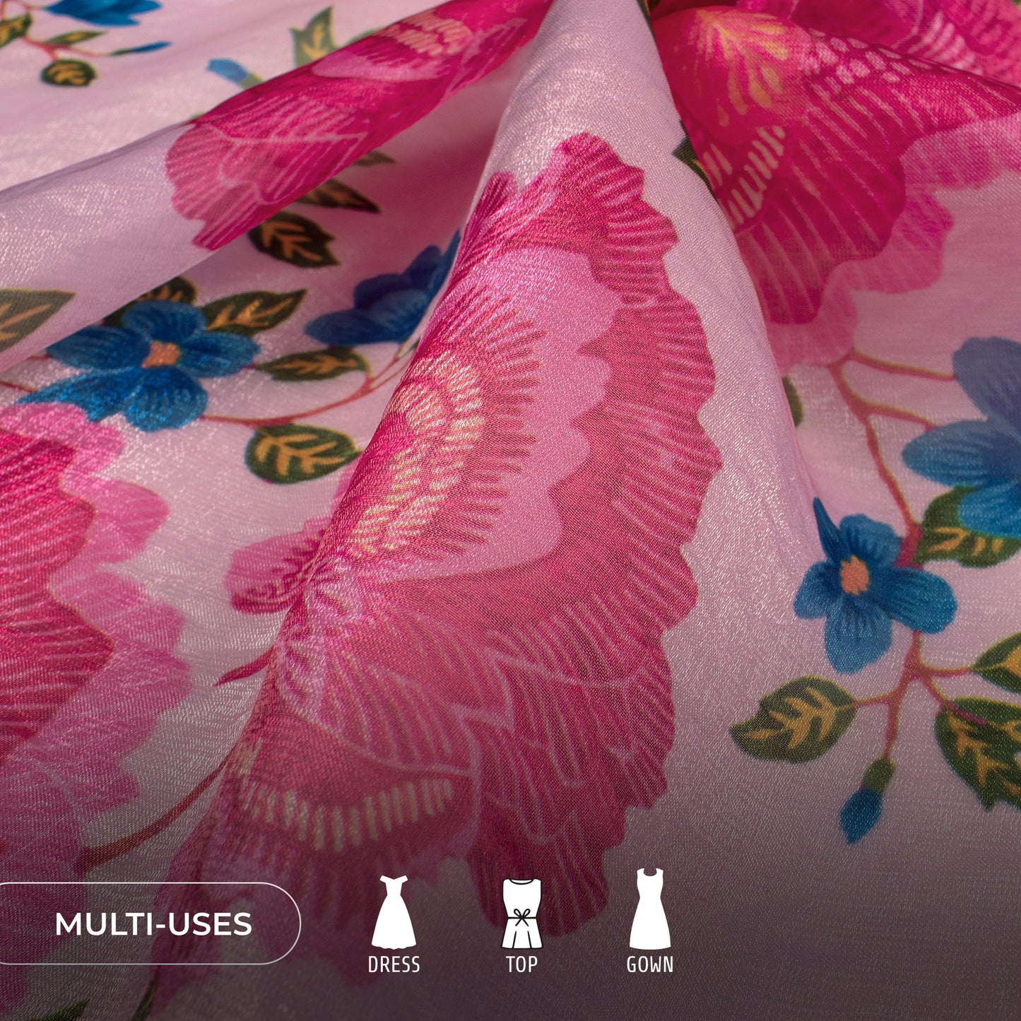 Baby Pink Floral Digital Print Shimmer Tissue Fabric