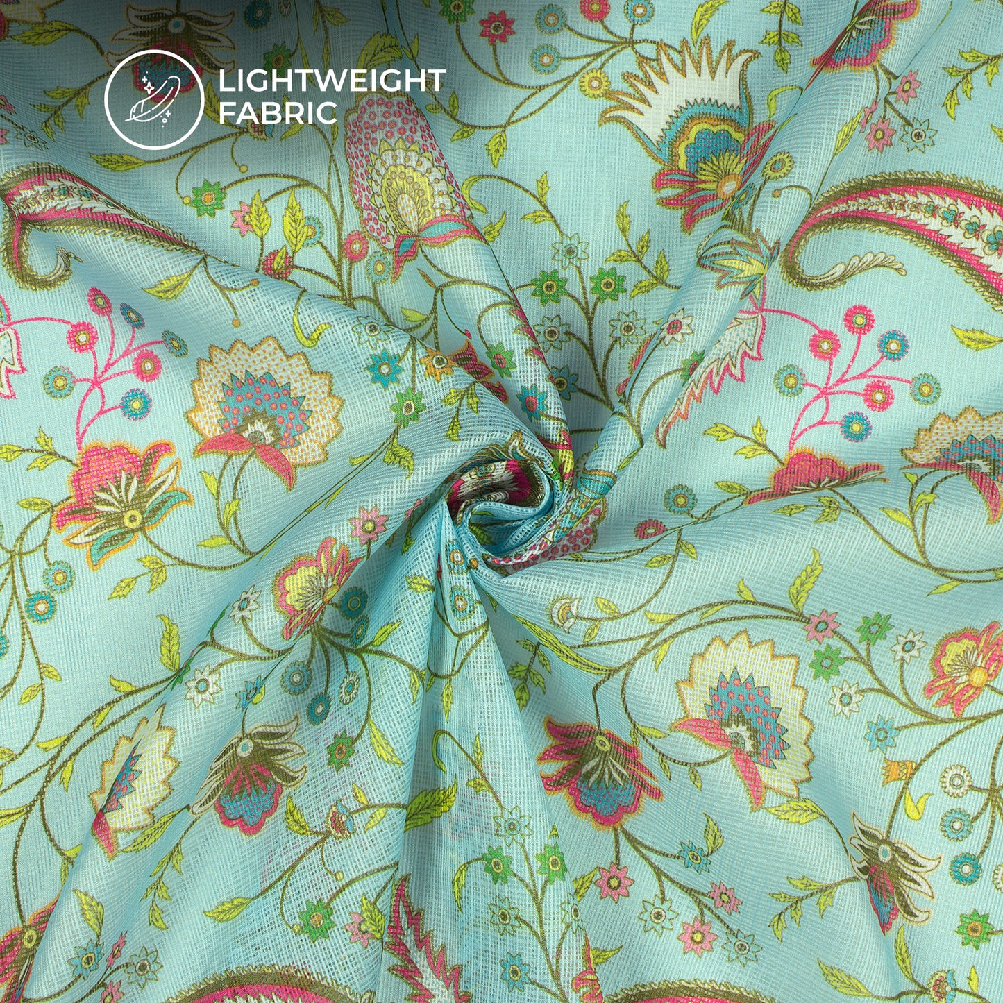 Light Cryan Floral Design Digital Print Kota Doria Fabric