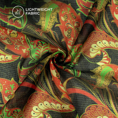 Black Leaf Design Digital Print Kota Doria Fabric