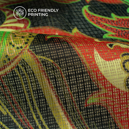 Black Leaf Design Digital Print Kota Doria Fabric