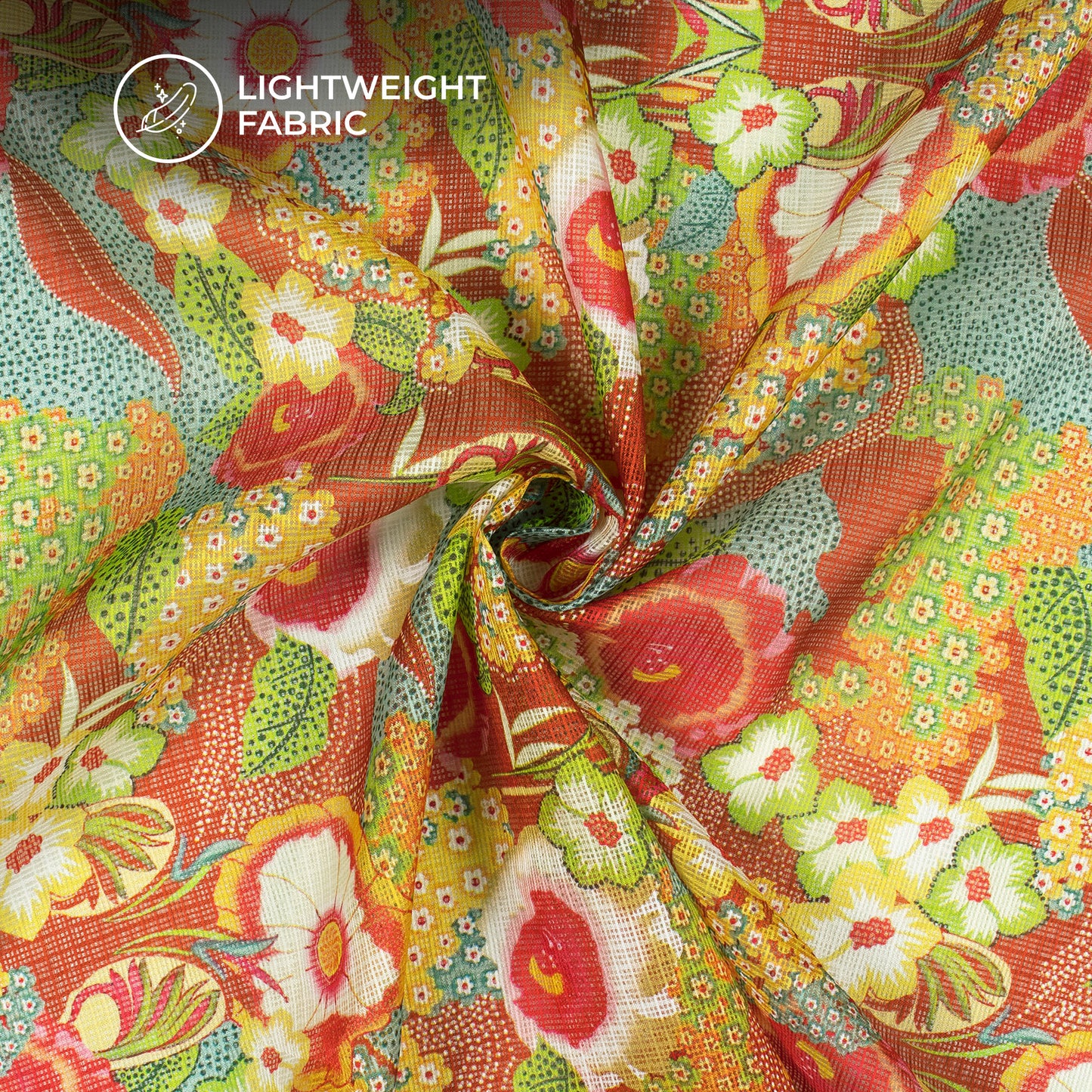 Tiger Orange Floral Design Digital Print Kota Doria Fabric