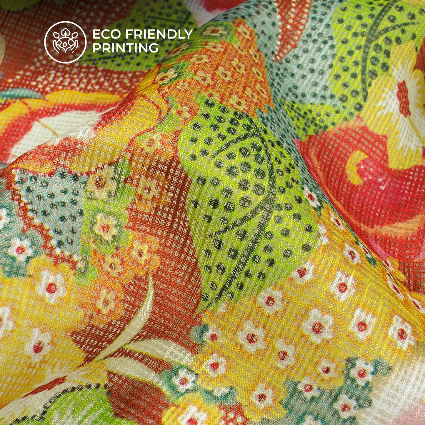 Tiger Orange Floral Design Digital Print Kota Doria Fabric