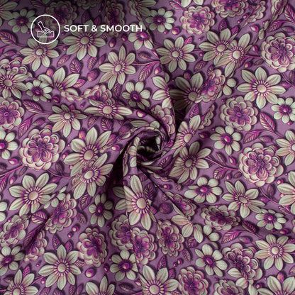 Levender Purple Floral Digital Print Bemberg Raw Silk Fabric