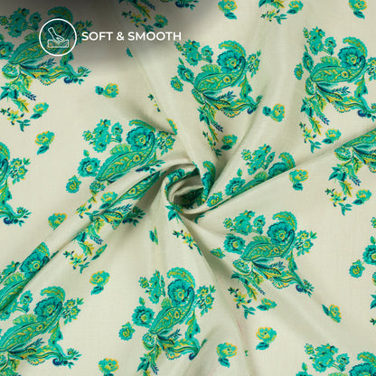 Off White Floral Digital Print Bemberg Raw Silk Fabric