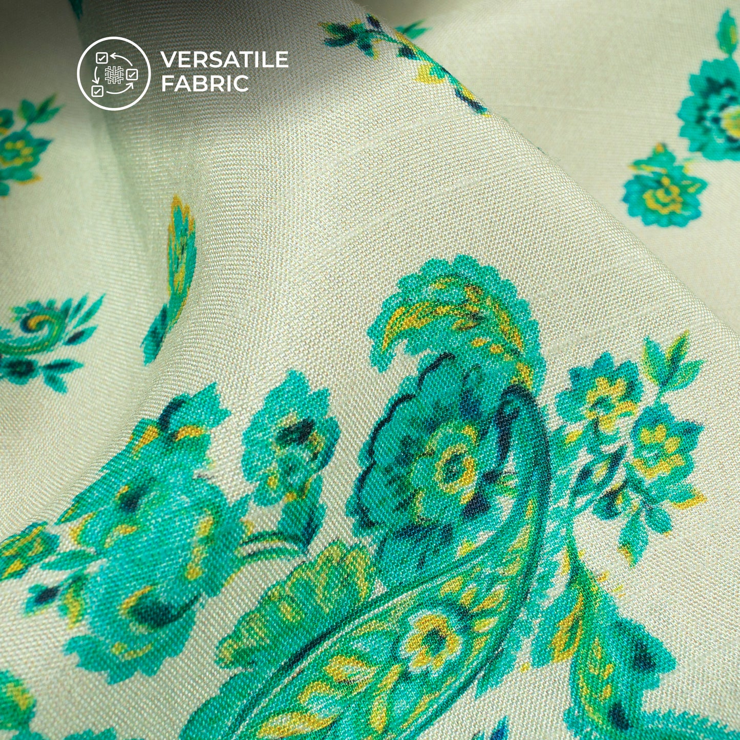 Off White Floral Digital Print Bemberg Raw Silk Fabric