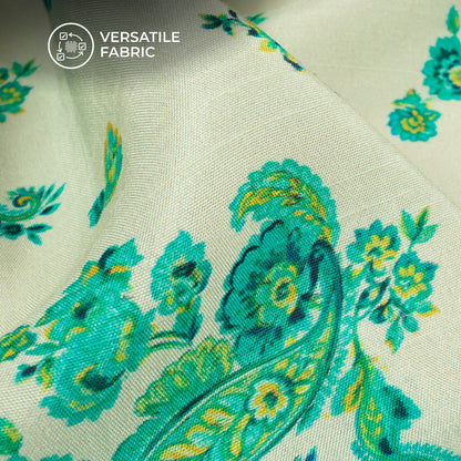 Off White Floral Digital Print Bemberg Raw Silk Fabric