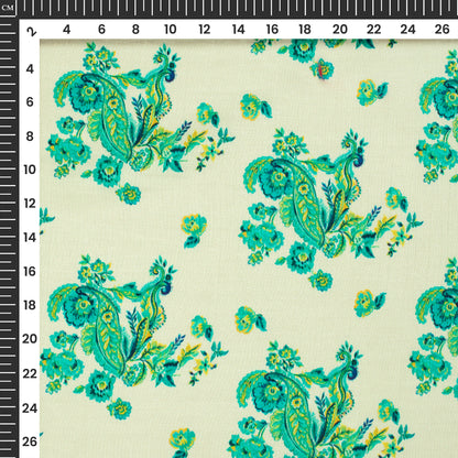 Off White Floral Digital Print Bemberg Raw Silk Fabric