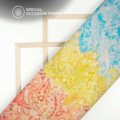 Mustard Yellow Floral Digital Print Bemberg Raw Silk Fabric