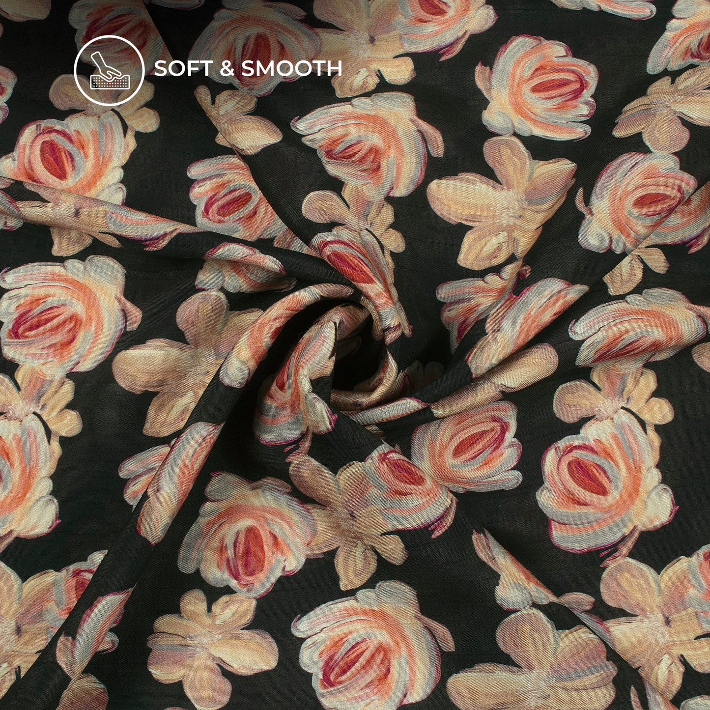 Charcoal Black Floral Digital Print Bemberg Raw Silk Fabric