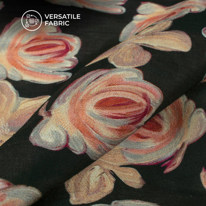 Charcoal Black Floral Digital Print Bemberg Raw Silk Fabric