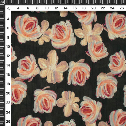 Charcoal Black Floral Digital Print Bemberg Raw Silk Fabric