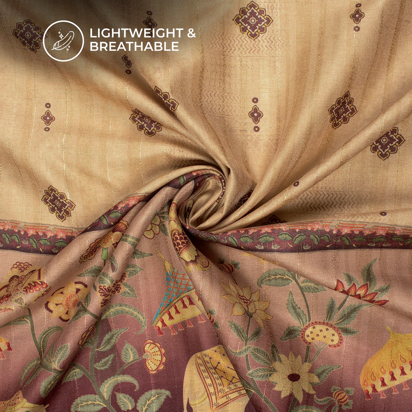 Royal Heritage Drop - Elephant Digital Print Art Tussar Silk Fabric