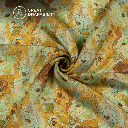 Caramel Brown Floral Pattern Digital Print Viscose Uppada Silk Fabric