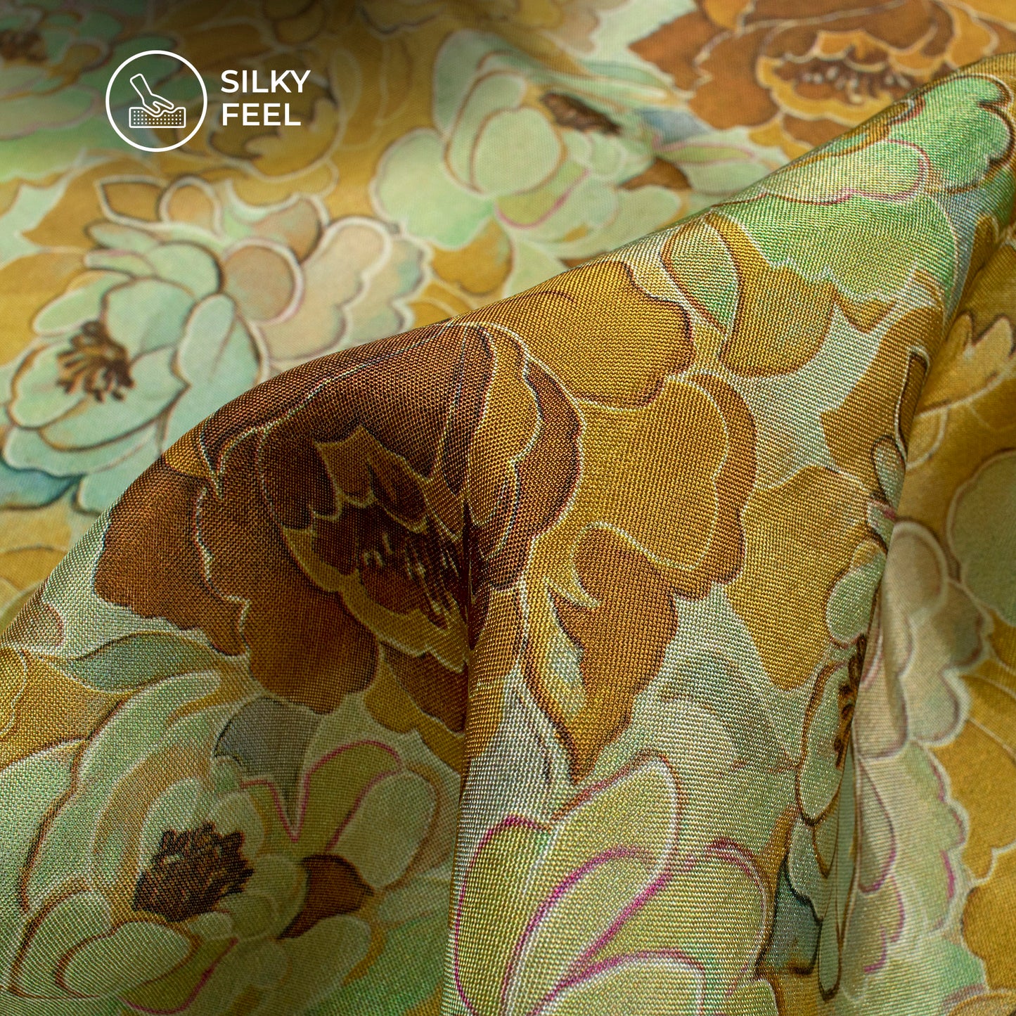 Caramel Brown Floral Pattern Digital Print Viscose Uppada Silk Fabric