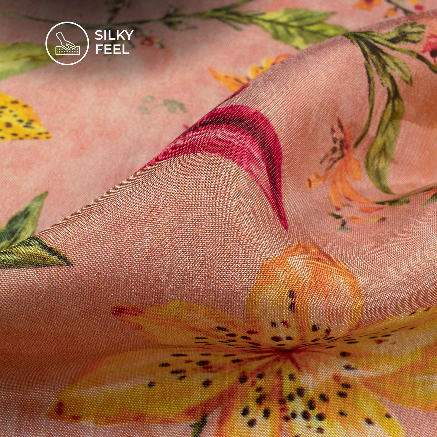Salmon Color Floral Pattern Digital Print Viscose Uppada Silk Fabric