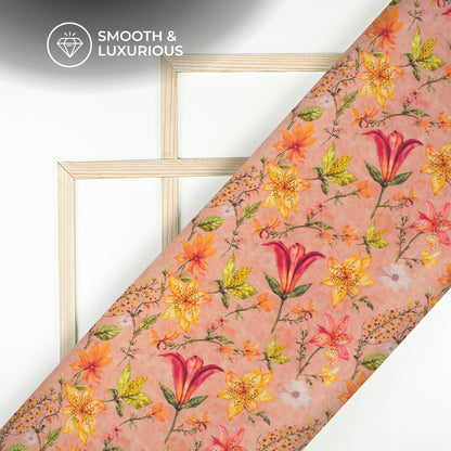 Salmon Color Floral Pattern Digital Print Viscose Uppada Silk Fabric