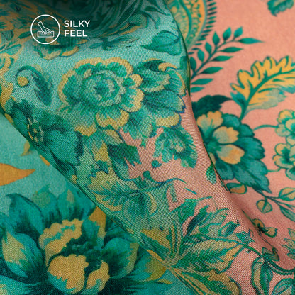 Golden Brown Floral Pattern Digital Print Viscose Uppada Silk Fabric