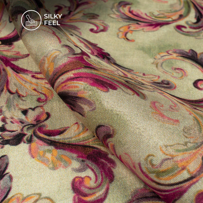 Pastle Cream Floral Pattern Digital Print Viscose Uppada Silk Fabric