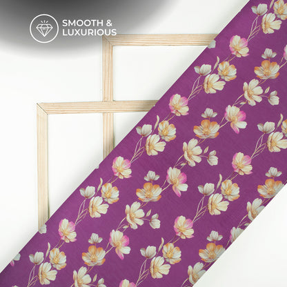Purple Magenta Floral Pattern Digital Print Viscose Uppada Silk Fabric