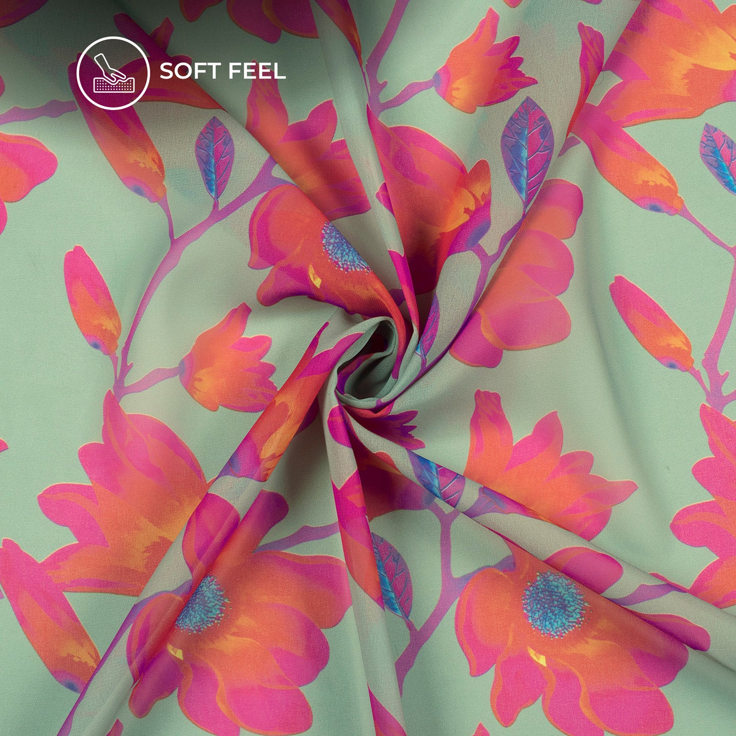 Sea Green And Brink Pink Floral Digital Print Lightweight Georgette Fabric