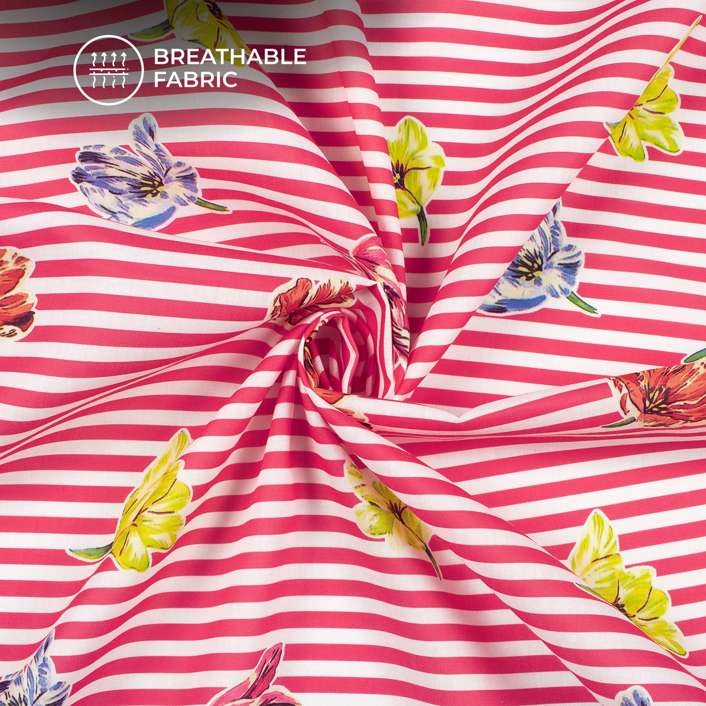 Blood Red Floral Stripes Digital Print Poly Cambric Fabric