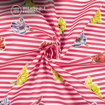 Blood Red Floral Stripes Digital Print Poly Cambric Fabric