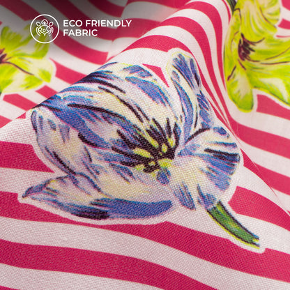 Blood Red Floral Stripes Digital Print Poly Cambric Fabric