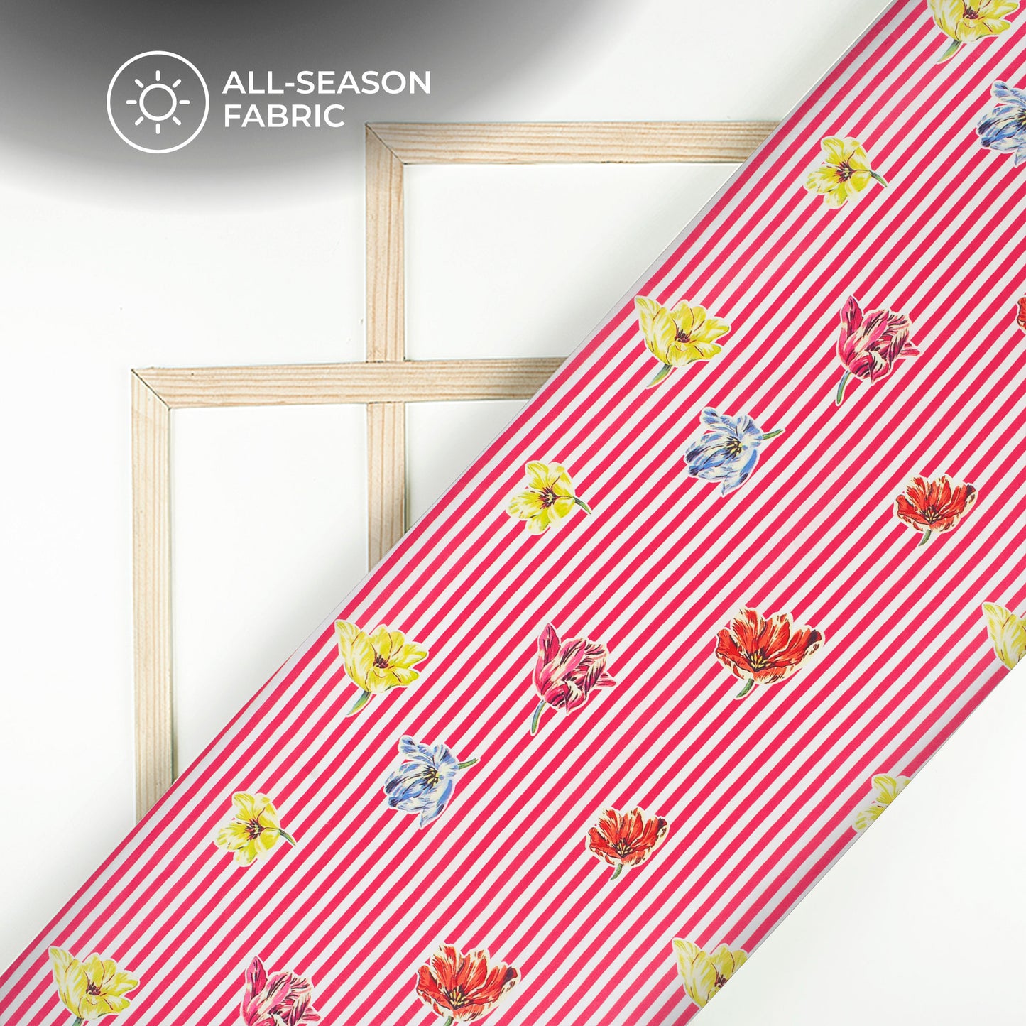 Blood Red Floral Stripes Digital Print Poly Cambric Fabric