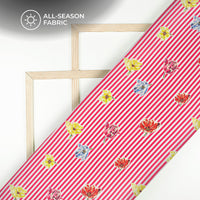 Blood Red Floral Stripes Digital Print Poly Cambric Fabric