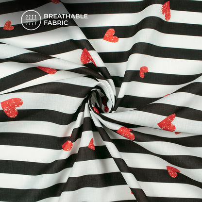 Black Floral Stripes Digital Print Poly Cambric Fabric
