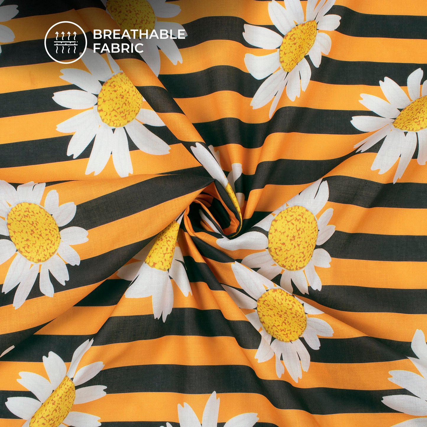 Corn Yellow Floral Stripes Digital Print Poly Cambric Fabric
