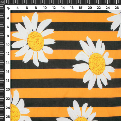 Corn Yellow Floral Stripes Digital Print Poly Cambric Fabric
