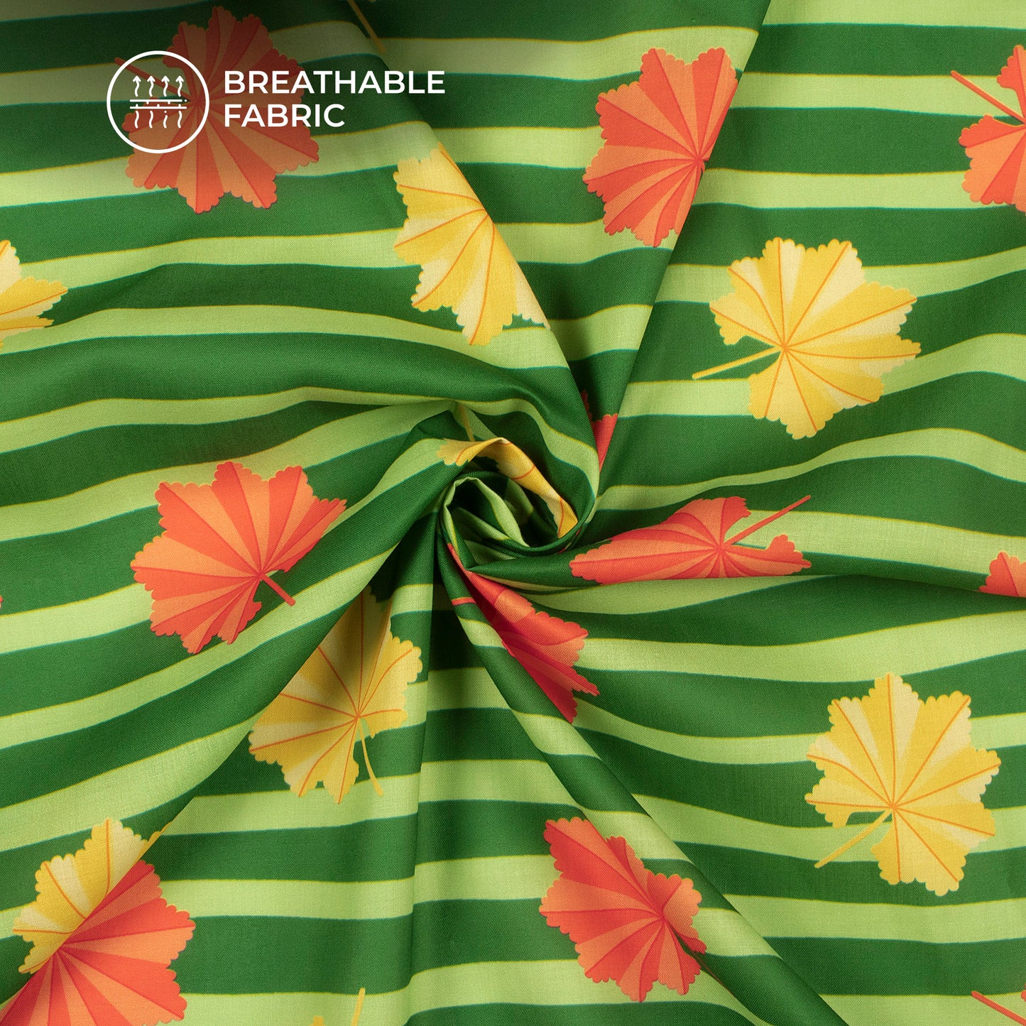 Spring Green Floral Stripes Digital Print Poly Cambric Fabric
