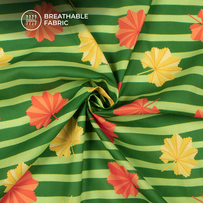 Spring Green Floral Stripes Digital Print Poly Cambric Fabric