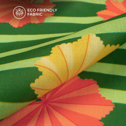 Spring Green Floral Stripes Digital Print Poly Cambric Fabric
