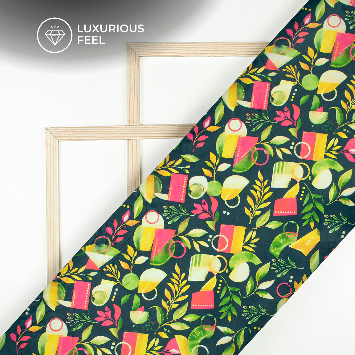 Dark Pine Green Leaf Digital Print Lush Satin Fabric