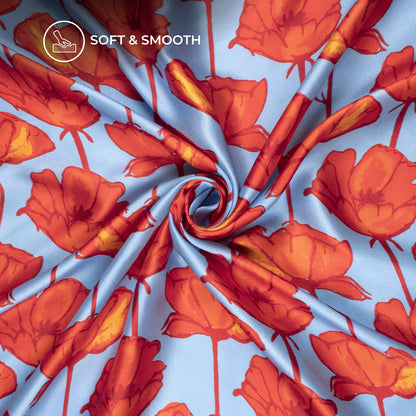 Sky Blue Floral Digital Print Viscose Gaji Silk Fabric
