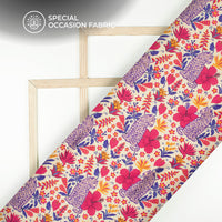 Cherry Red Floral Digital Print Viscose Gaji Silk Fabric